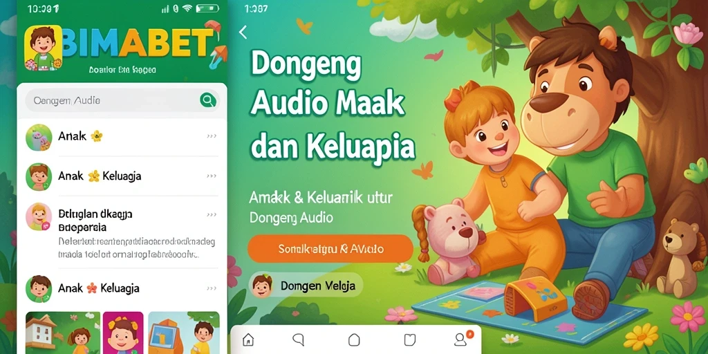 Antarmuka aplikasi Dongeng Audio BIMABET yang ramah anak.