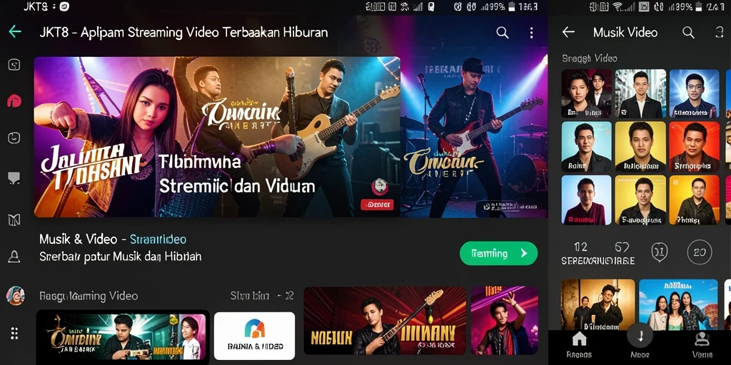 Antarmuka aplikasi JKT8 dengan koleksi streaming video menarik.