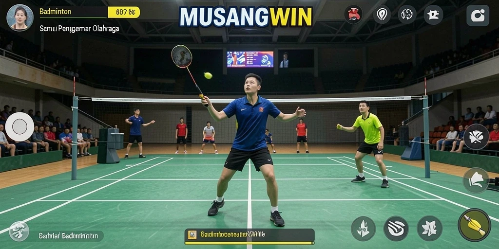 Tampilan screenshot <strong>MUSANGWIN</strong> yang menunjukkan momen pertandingan badminton yang intens.